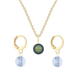 Gold Plated Premium Steel Scarabaeus Green Crystal Pearl Pendant With Blue Shade Austria Globe Hoop Earrings Set