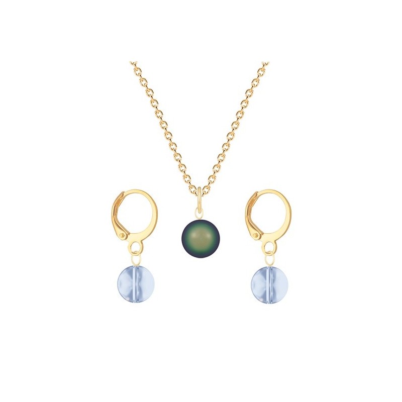 Gold Plated Premium Steel Scarabaeus Green Crystal Pearl Pendant With Blue Shade Austria Globe Hoop Earrings Set