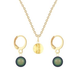 Gold Plated Premium Steel Golden Shadow 8mm Austria Globe Pendant With Scarabaeus Green Crystal Pearl Hoop Earrings Set