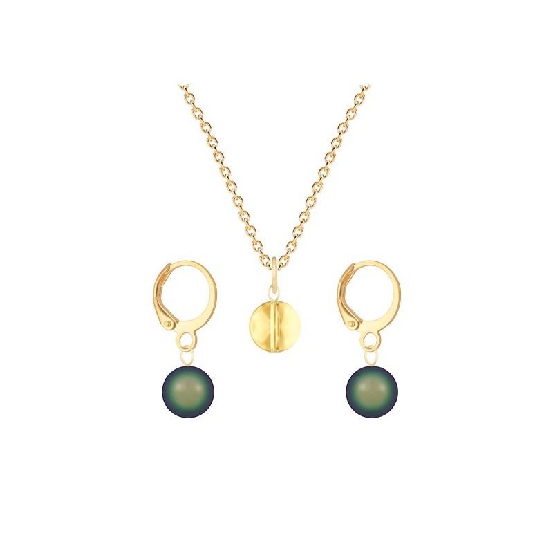 Gold Plated Premium Steel Golden Shadow 8mm Austria Globe Pendant With Scarabaeus Green Crystal Pearl Hoop Earrings Set