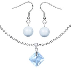 March BirthStone Princess Cut Premium Grade Austrian Crystal Pendant Necklace And Pearl Earrings Jewellery Set