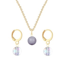 Gold Plated Premium Steel Mauve Crystal Pearl Pendant With Aurora Borealis Austria Globe Hoop Earrings Set