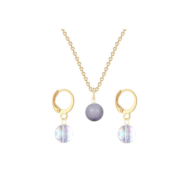 Gold Plated Premium Steel Mauve Crystal Pearl Pendant With Aurora Borealis Austria Globe Hoop Earrings Set