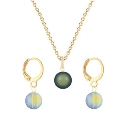 Gold Plated Premium Steel Scarabaeus Green Crystal Pearl Pendant With Iridescent Green Austria Globe Hoop Earrings Set