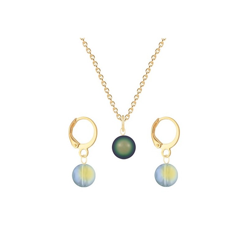 Gold Plated Premium Steel Scarabaeus Green Crystal Pearl Pendant With Iridescent Green Austria Globe Hoop Earrings Set