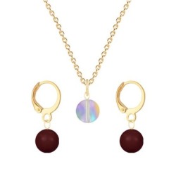 Gold Plated Premium Steel Paradise Shine 8mm Austria Globe Pendant With Bordeaux Crystal Pearl Hoop Earrings Set