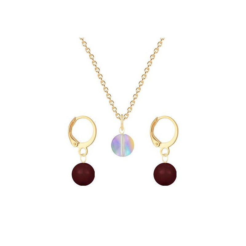 Gold Plated Premium Steel Paradise Shine 8mm Austria Globe Pendant With Bordeaux Crystal Pearl Hoop Earrings Set