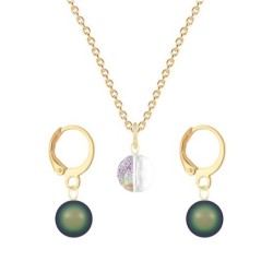 Gold Plated Premium Steel White Patina 8mm Austria Globe Pendant With Scarabaeus Green Crystal Pearl Hoop Earrings Set