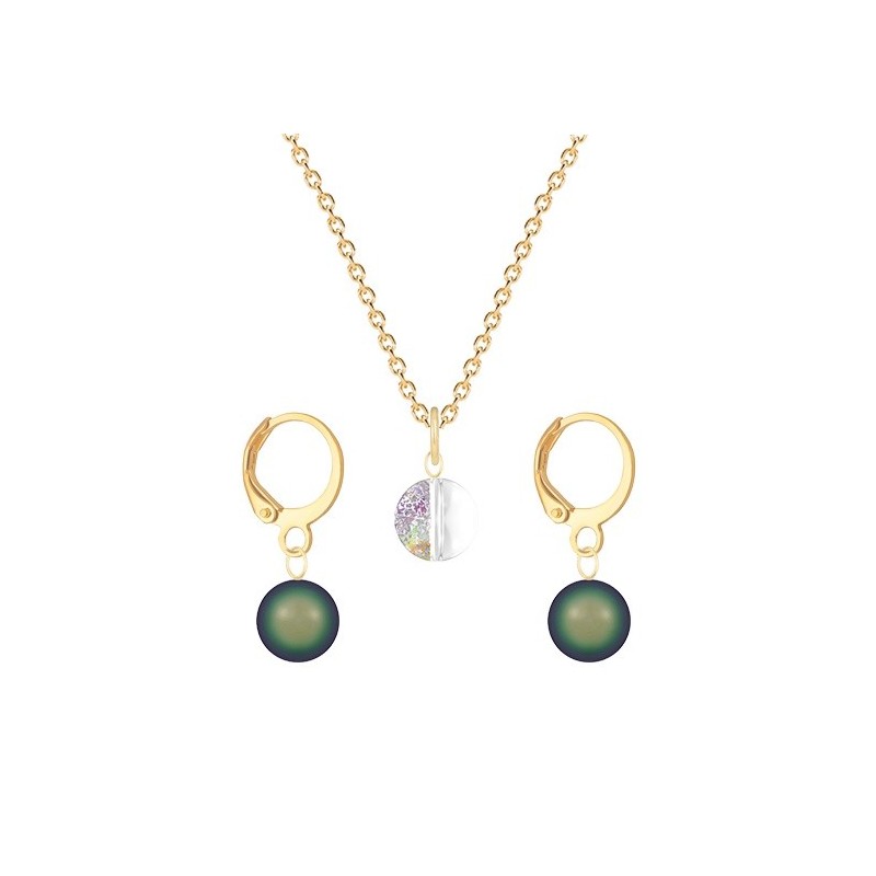 Gold Plated Premium Steel White Patina 8mm Austria Globe Pendant With Scarabaeus Green Crystal Pearl Hoop Earrings Set