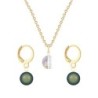 Gold Plated Premium Steel White Patina 8mm Austria Globe Pendant With Scarabaeus Green Crystal Pearl Hoop Earrings Set