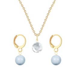 Gold Plated Premium Steel Crystal Clear 8mm Austria Globe Pendant With Light Blue Crystal Pearl Hoop Earrings Set