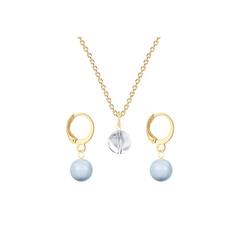 Gold Plated Premium Steel Crystal Clear 8mm Austria Globe Pendant With Light Blue Crystal Pearl Hoop Earrings Set