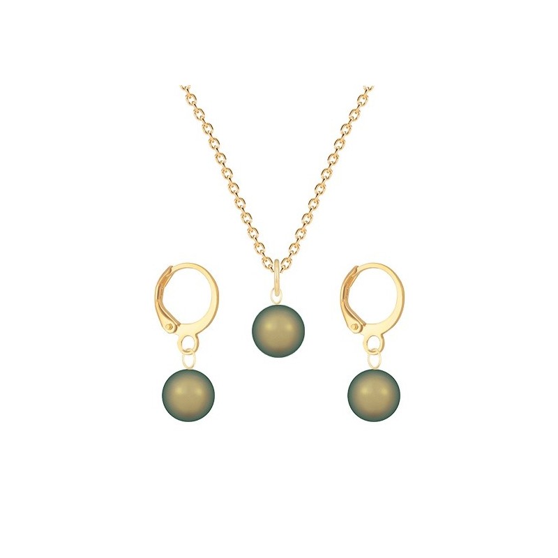 August Birthpearl Gold Plated Premium Steel Iridescent Green 8mm Austrian Crystal Pearl Pendant With Earrings Set