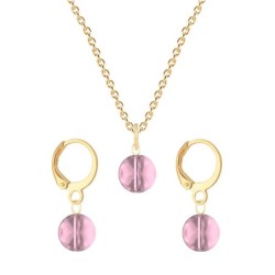 Gold Plated Premium Steel Antique Pink 8mm Crystal Globe Pendant Necklace With Earrings Set (Made In Japan)