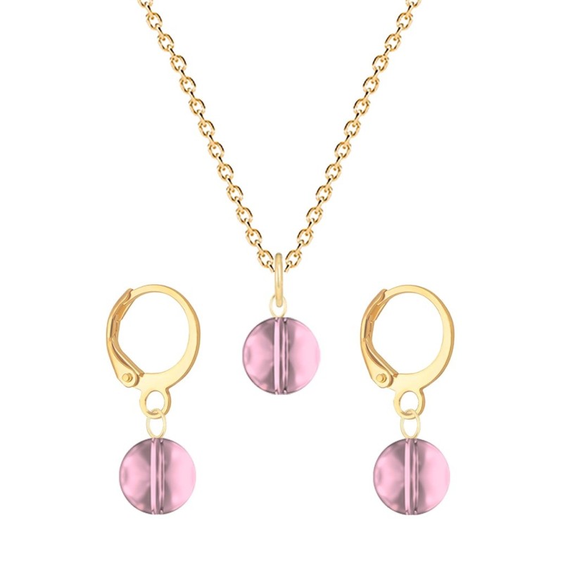 Gold Plated Premium Steel Antique Pink 8mm Crystal Globe Pendant Necklace With Earrings Set (Made In Japan)