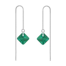 May Birthstone Emerald Princess Cut Premium Austrian Crystal 18K White Gold Plated Thread Dangling Earrings