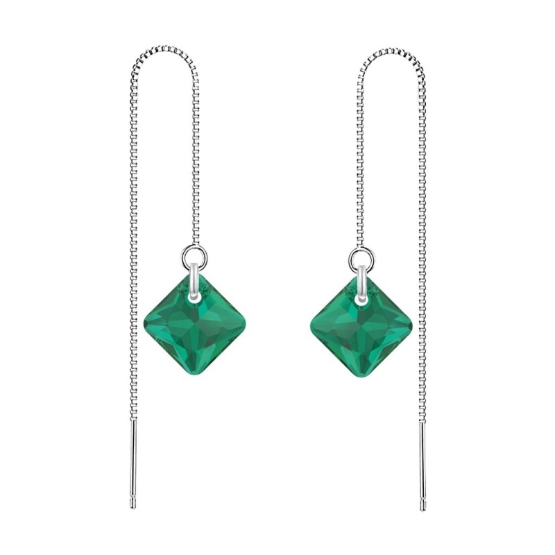 May Birthstone Emerald Princess Cut Premium Austrian Crystal 18K White Gold Plated Thread Dangling Earrings