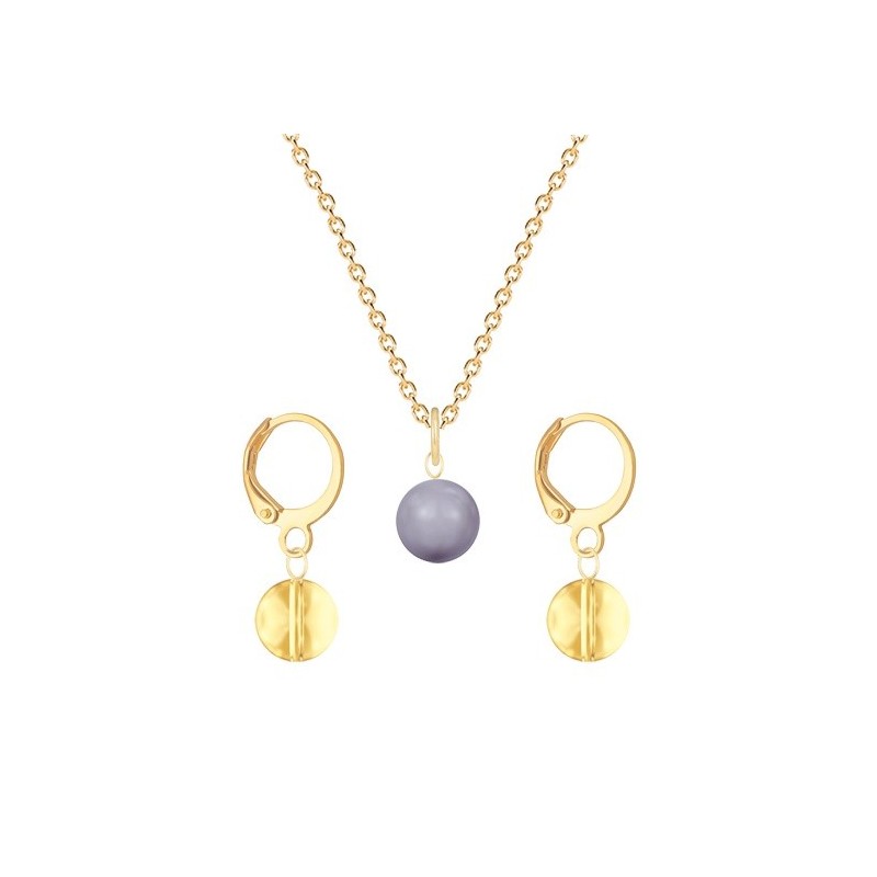 Gold Plated Premium Steel Mauve Crystal Pearl Pendant With Golden Shadow Austria Globe Hoop Earrings Set