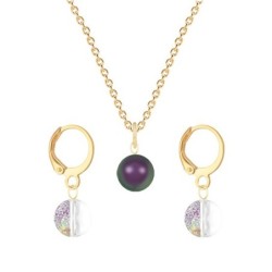 Gold Plated Premium Steel Iridescent Purple Crystal Pearl Pendant With White Patina Austria Globe Hoop Earrings Set