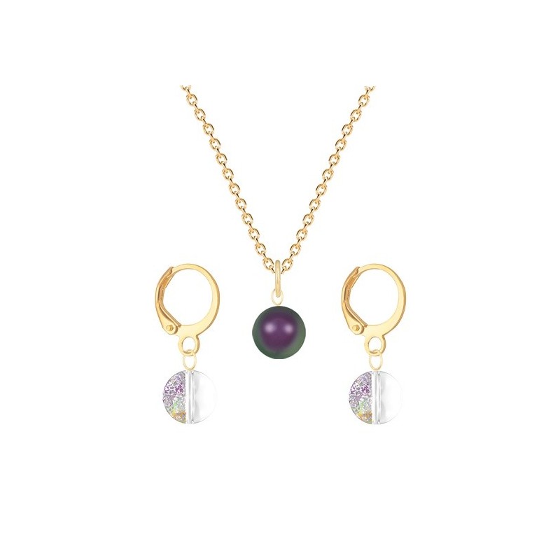 Gold Plated Premium Steel Iridescent Purple Crystal Pearl Pendant With White Patina Austria Globe Hoop Earrings Set