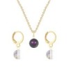 Gold Plated Premium Steel Iridescent Purple Crystal Pearl Pendant With White Patina Austria Globe Hoop Earrings Set