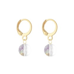 Gold Plated Premium Steel Iridescent Purple Crystal Pearl Pendant With White Patina Austria Globe Hoop Earrings Set