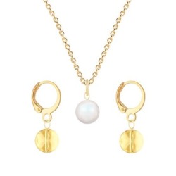 Gold Plated Premium Steel Pearlescent White Crystal Pearl Pendant With Golden Shadow Austria Globe Hoop Earrings Set