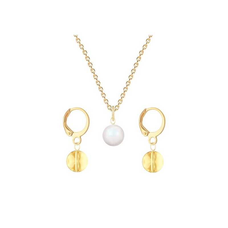 Gold Plated Premium Steel Pearlescent White Crystal Pearl Pendant With Golden Shadow Austria Globe Hoop Earrings Set