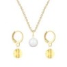 Gold Plated Premium Steel Pearlescent White Crystal Pearl Pendant With Golden Shadow Austria Globe Hoop Earrings Set