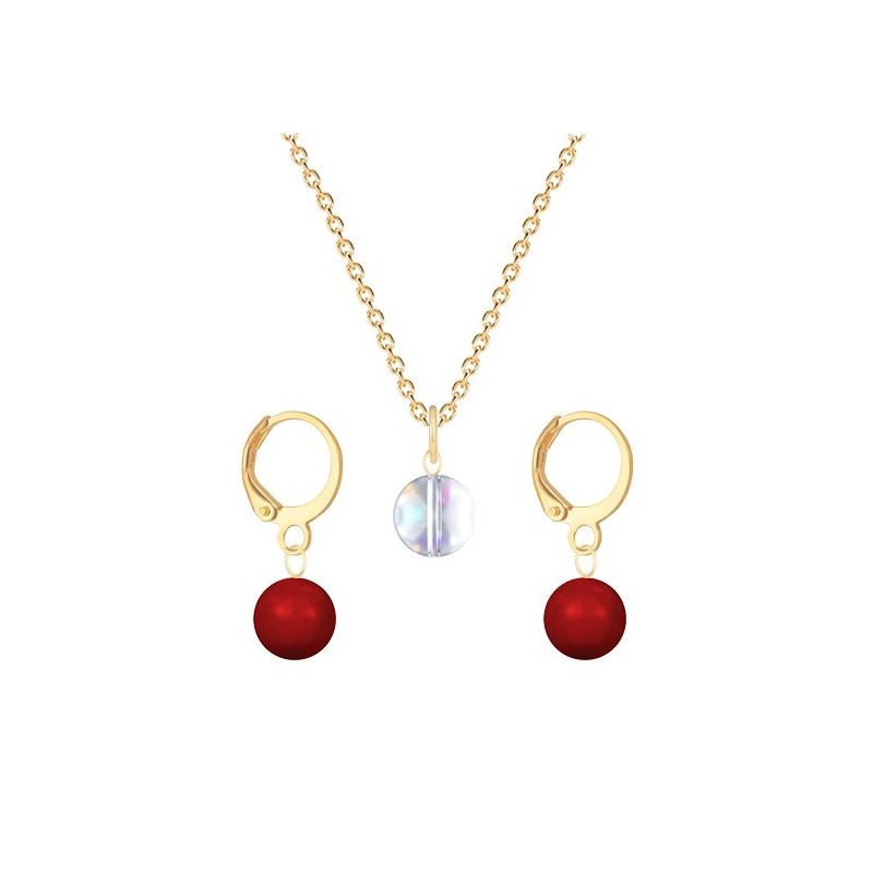 Gold Plated Premium Steel Aurora Borealis 8mm Austria Globe Pendant With Corel Red Crystal Pearl Hoop Earrings Set