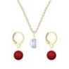 Gold Plated Premium Steel Aurora Borealis 8mm Austria Globe Pendant With Corel Red Crystal Pearl Hoop Earrings Set