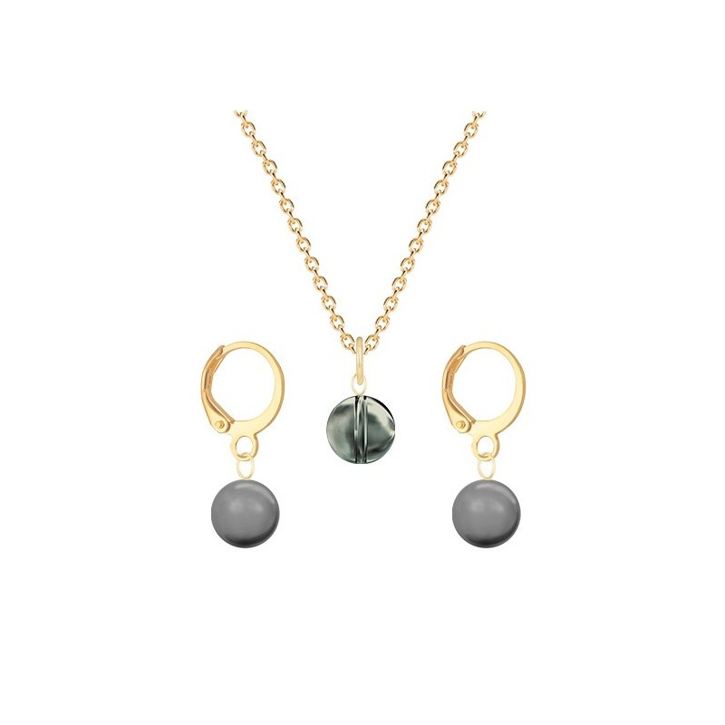 Gold Plated Premium Steel Black Diamond 8mm Austria Globe Pendant With Grey Crystal Pearl Hoop Earrings Set