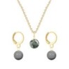 Gold Plated Premium Steel Black Diamond 8mm Austria Globe Pendant With Grey Crystal Pearl Hoop Earrings Set