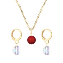 Gold Plated Premium Steel Corel Red Crystal Pearl Pendant With Aurora Borealis Austria Globe Hoop Earrings Set