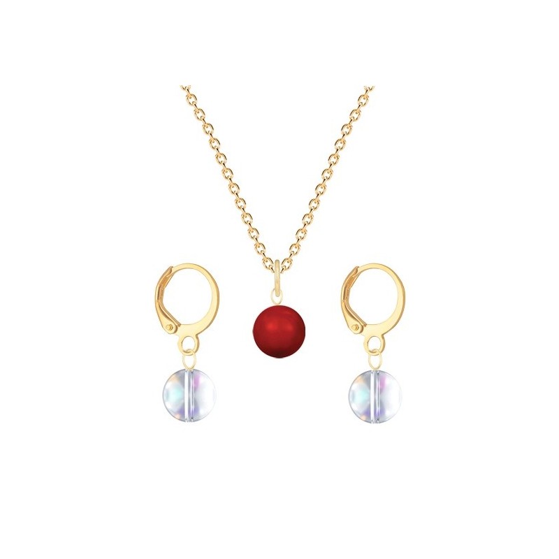 Gold Plated Premium Steel Corel Red Crystal Pearl Pendant With Aurora Borealis Austria Globe Hoop Earrings Set