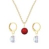 Gold Plated Premium Steel Corel Red Crystal Pearl Pendant With Aurora Borealis Austria Globe Hoop Earrings Set