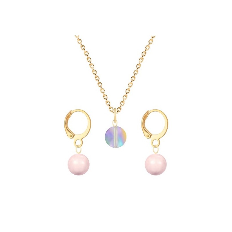 Gold Plated Premium Steel Paradise Shine 8mm Austria Globe Pendant With Rosaline Pink Crystal Pearl Hoop Earrings Set