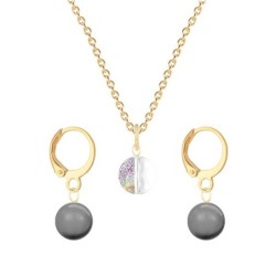 Gold Plated Premium Steel White Patina 8mm Austria Globe Pendant With Grey Crystal Pearl Hoop Earrings Set