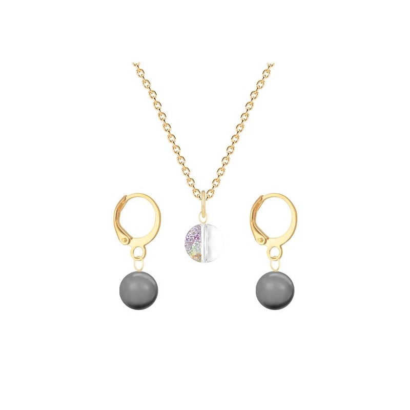 Gold Plated Premium Steel White Patina 8mm Austria Globe Pendant With Grey Crystal Pearl Hoop Earrings Set