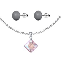 Light Rose Shimmer Princess Cut Crystal Pendant With Dark Grey Cabochon 10mm Crystal Pearls Premium Steel Earrings Set