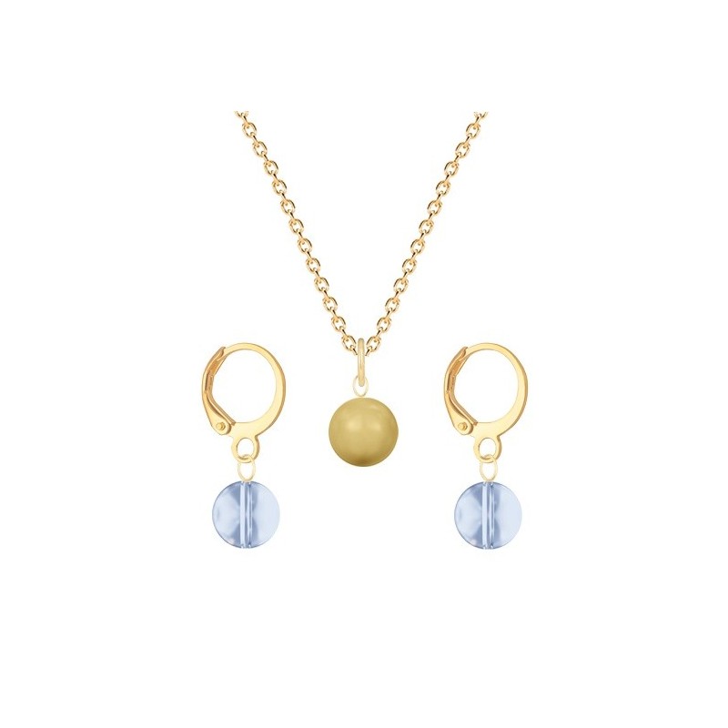 Gold Plated Premium Steel Golden Crystal Pearl Pendant With Blue Shade Austria Globe Hoop Earrings Set