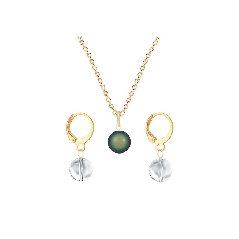 Gold Plated Premium Steel Scarabaeus Green Crystal Pearl Pendant With Crystal Clear Austria Globe Hoop Earrings Set