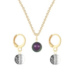 Gold Plated Premium Steel Iridescent Purple Crystal Pearl Pendant With Black Patina Austria Globe Hoop Earrings Set