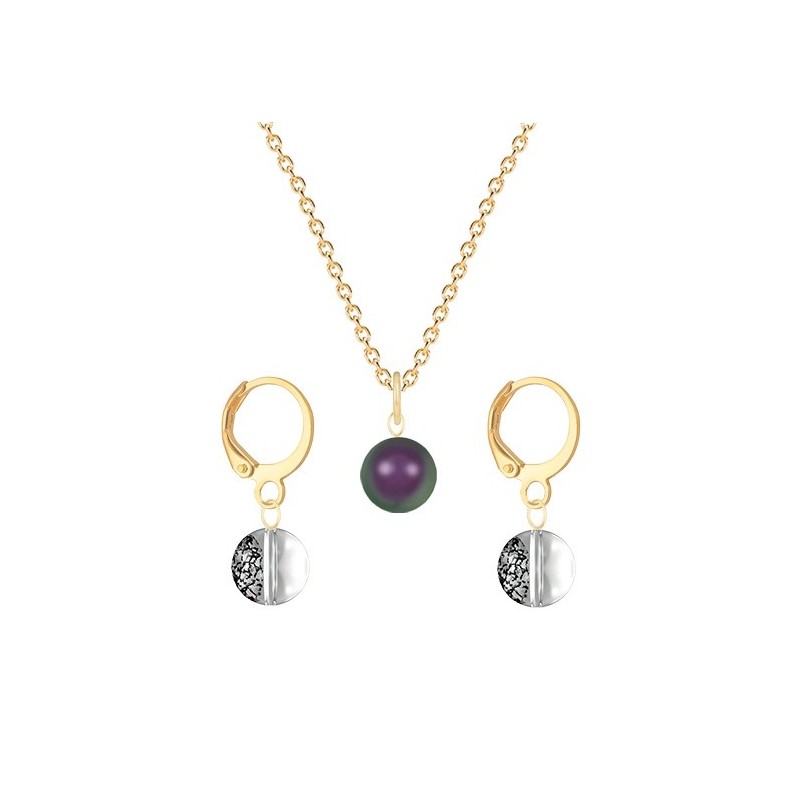 Gold Plated Premium Steel Iridescent Purple Crystal Pearl Pendant With Black Patina Austria Globe Hoop Earrings Set