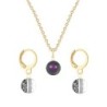 Gold Plated Premium Steel Iridescent Purple Crystal Pearl Pendant With Black Patina Austria Globe Hoop Earrings Set