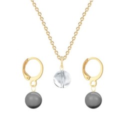 Gold Plated Premium Steel Crystal Clear 8mm Austria Globe Pendant With Grey Crystal Pearl Hoop Earrings Set