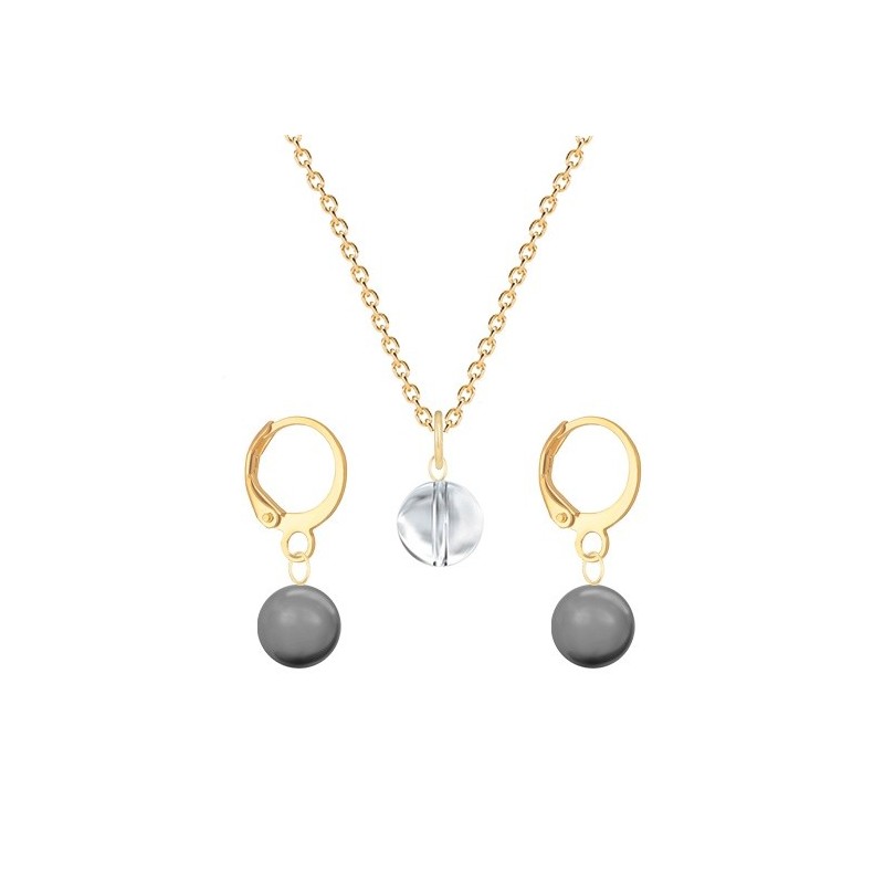 Gold Plated Premium Steel Crystal Clear 8mm Austria Globe Pendant With Grey Crystal Pearl Hoop Earrings Set