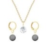 Gold Plated Premium Steel Crystal Clear 8mm Austria Globe Pendant With Grey Crystal Pearl Hoop Earrings Set