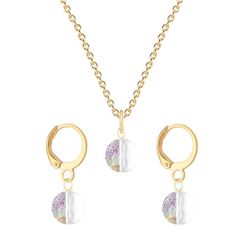 Gold Plated Premium Steel White Patina 8mm Crystal Globe Pendant Necklace With Earrings Set (Made In Japan)