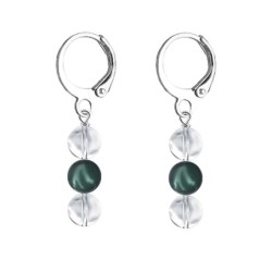 Premium Stainless Steel Hoop Clear Crystal Globe With Iridescent Tahitian Crystal Pearl Trilogy Earrings (Made In Japan)